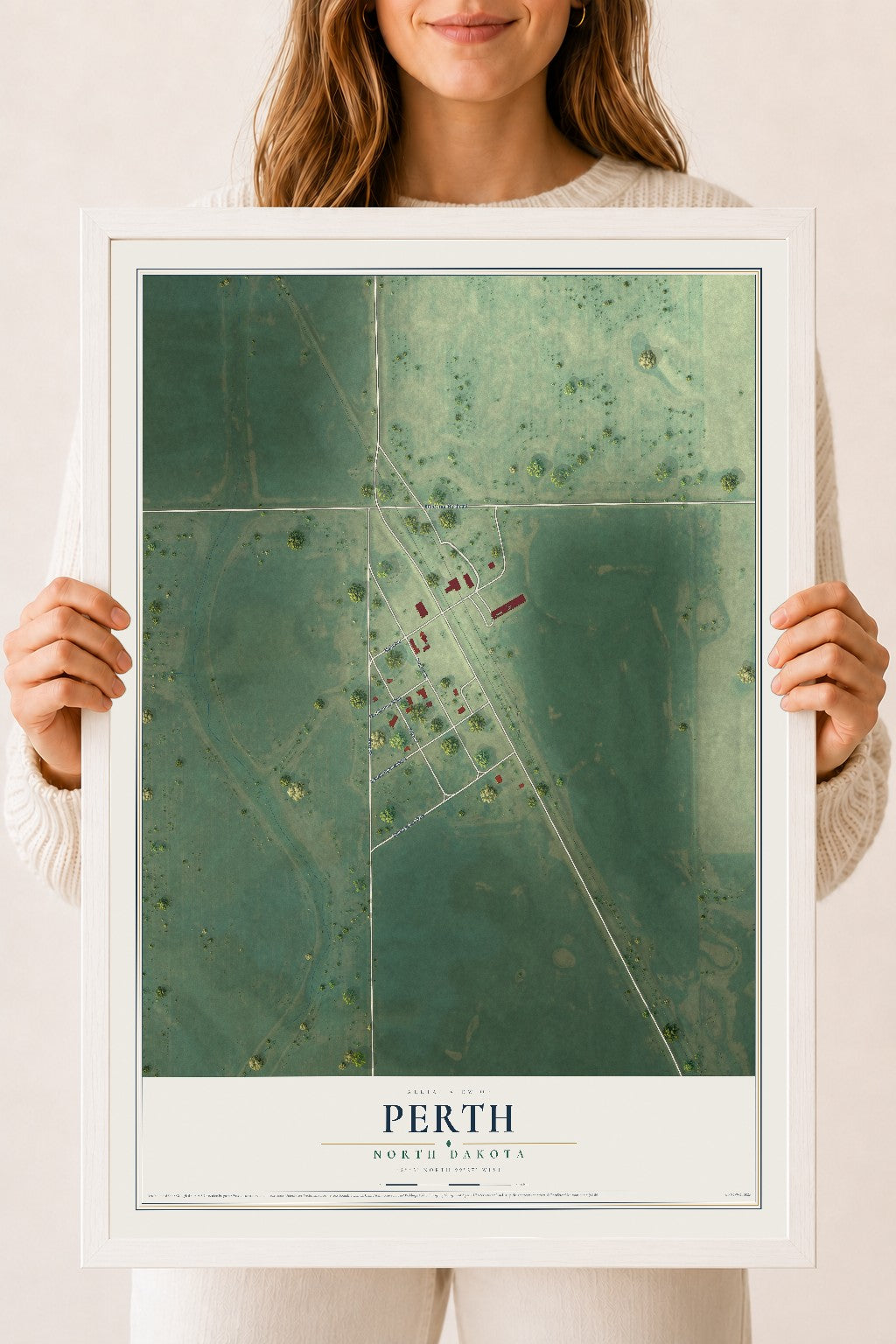 Map of Perth, North Dakota, 18 x 24 inch print in a white wood frame