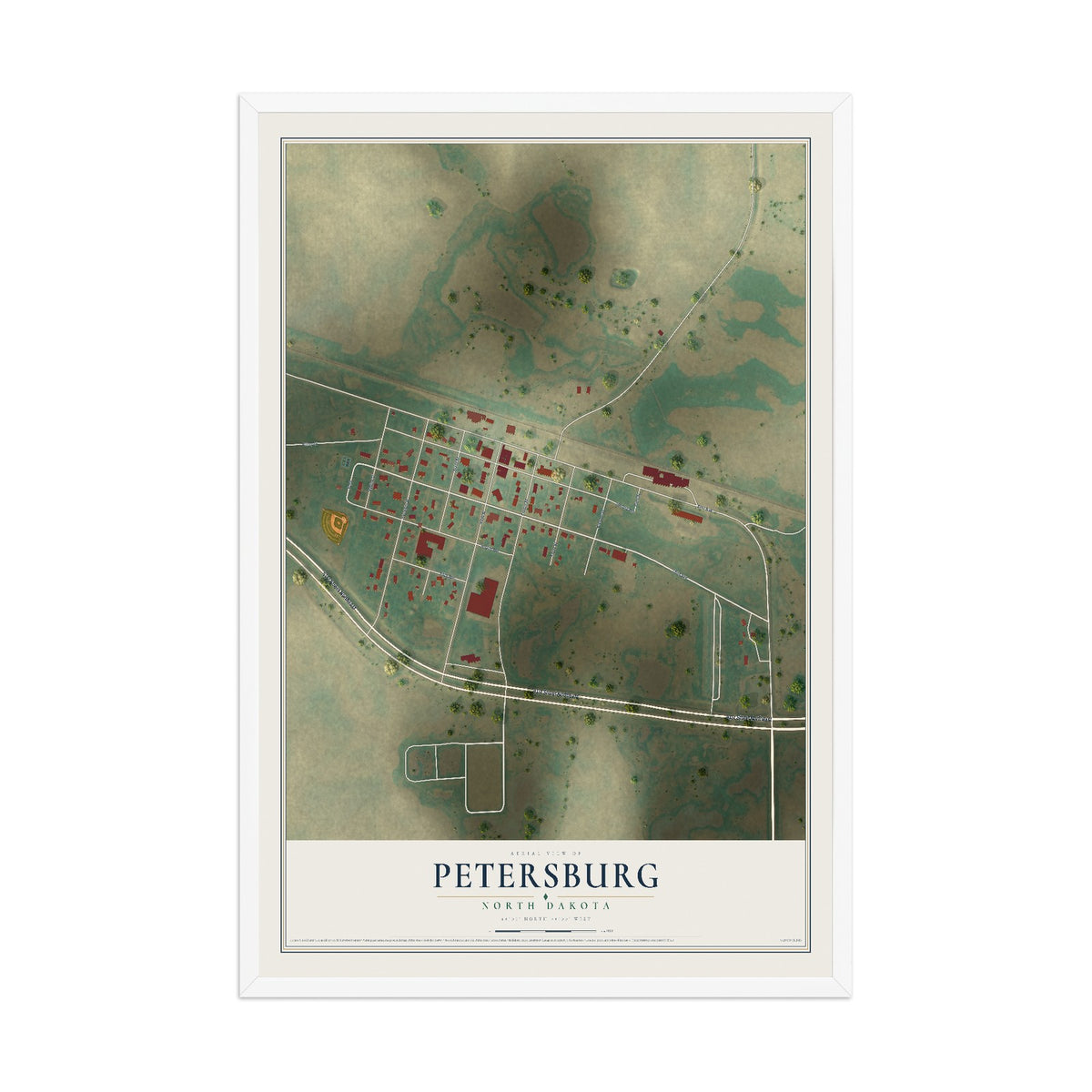 Map of Petersburg, North Dakota, 12 x 18 inch print in a white wood frame