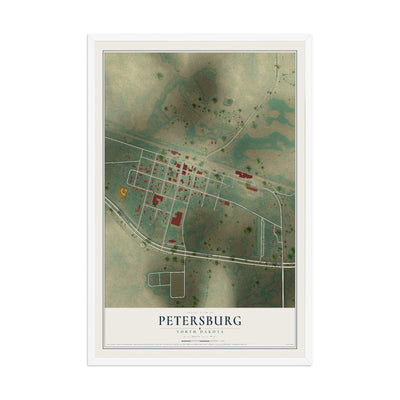 Map of Petersburg, North Dakota, 12 x 18 inch print in a white wood frame