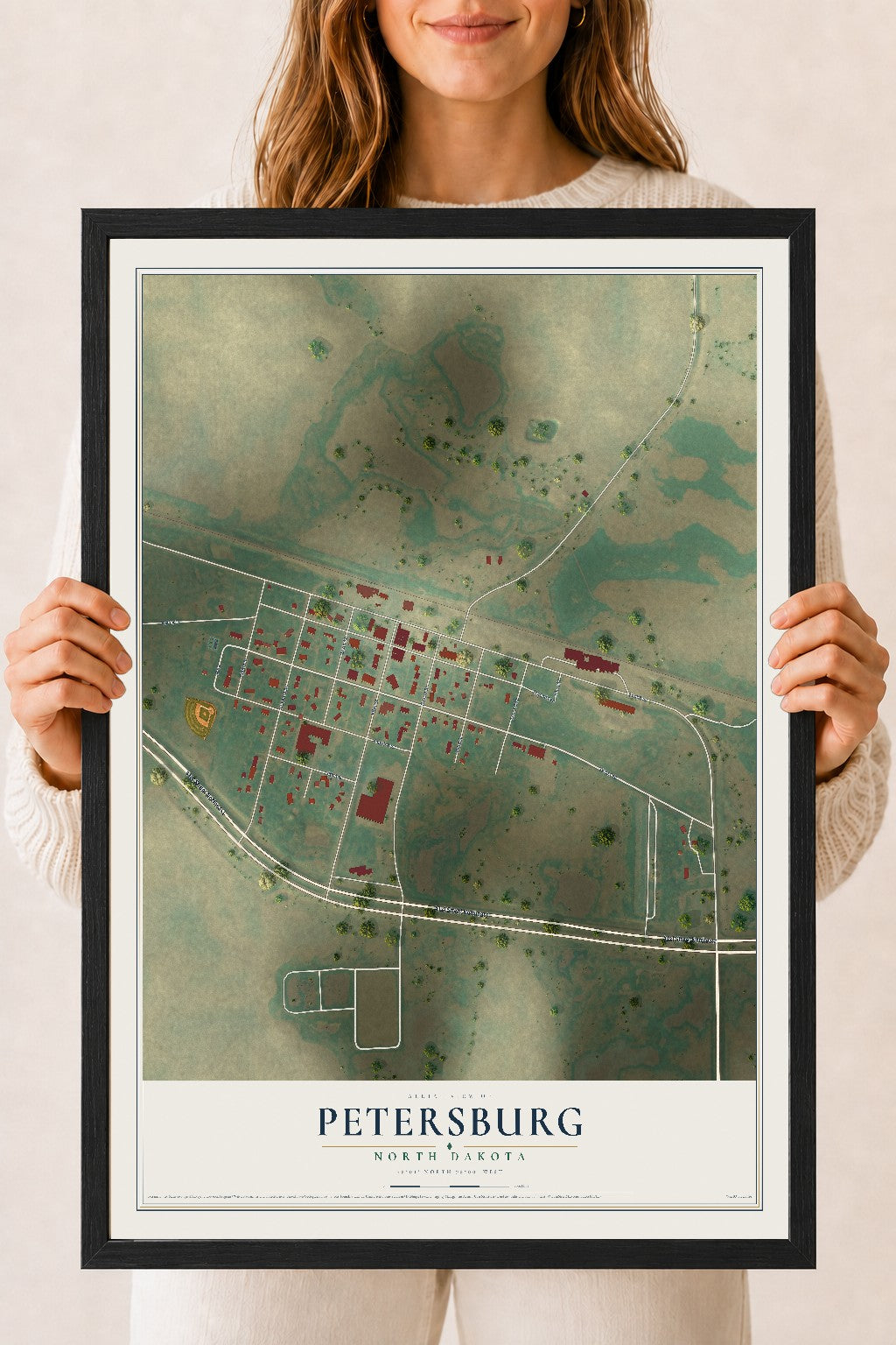 Map of Petersburg, North Dakota, 18 x 24 inch print in a black wood frame