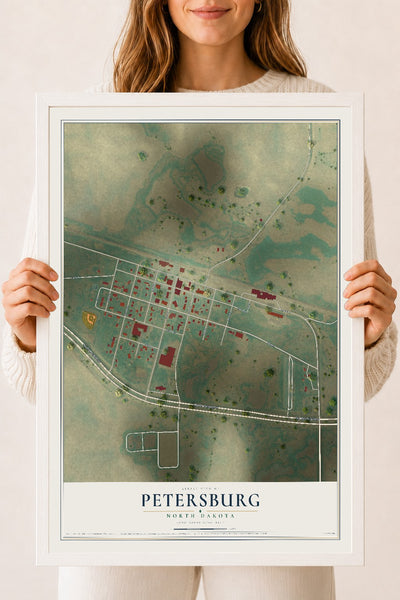 Map of Petersburg, North Dakota, 18 x 24 inch print in a white wood frame