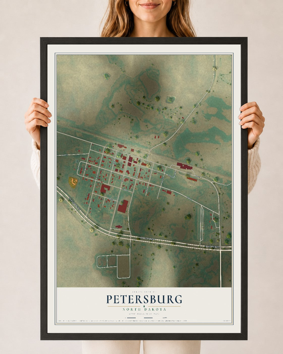 Map of Petersburg, North Dakota, 24 x 36 inch print in a black wood frame