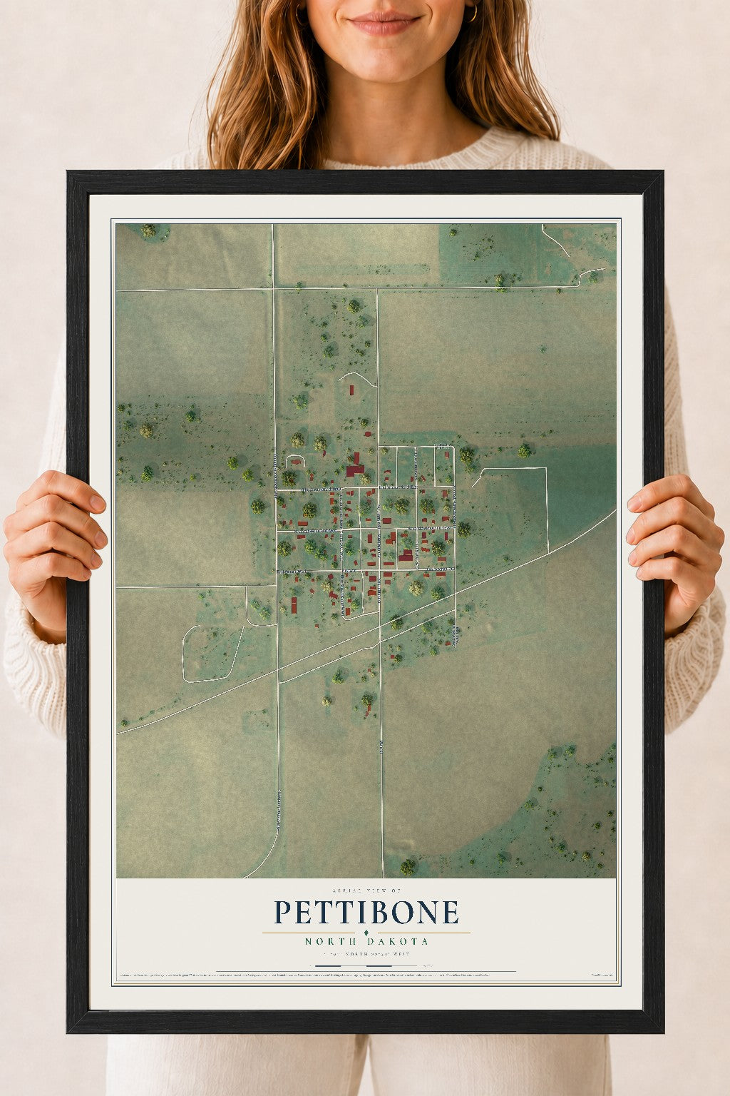 Map of Pettibone, North Dakota, 18 x 24 inch print in a black wood frame
