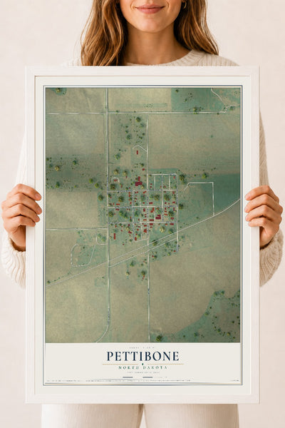 Map of Pettibone, North Dakota, 18 x 24 inch print in a white wood frame