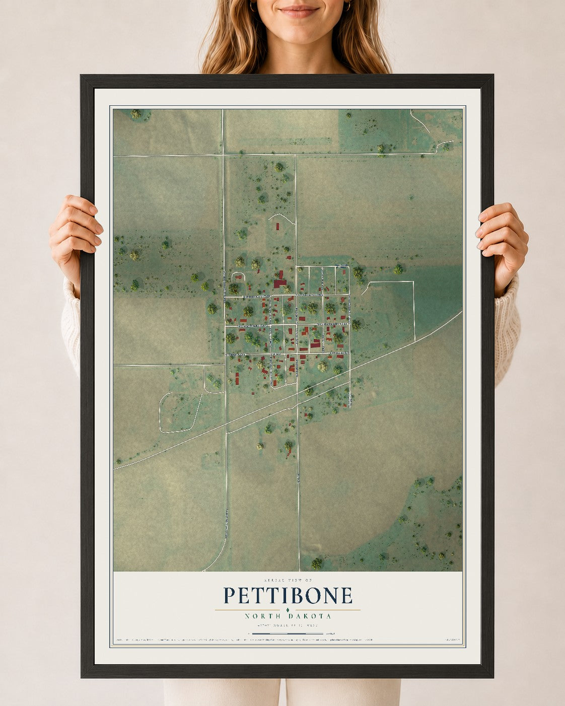 Map of Pettibone, North Dakota, 24 x 36 inch print in a black wood frame
