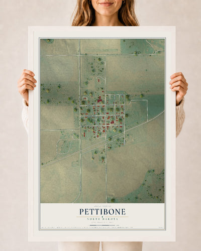 Map of Pettibone, North Dakota, 24 x 36 inch print in a white wood frame