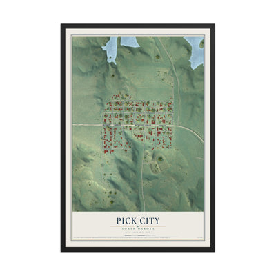 Map of Pick City, North Dakota, 12 x 18 inch print in a black wood frame
