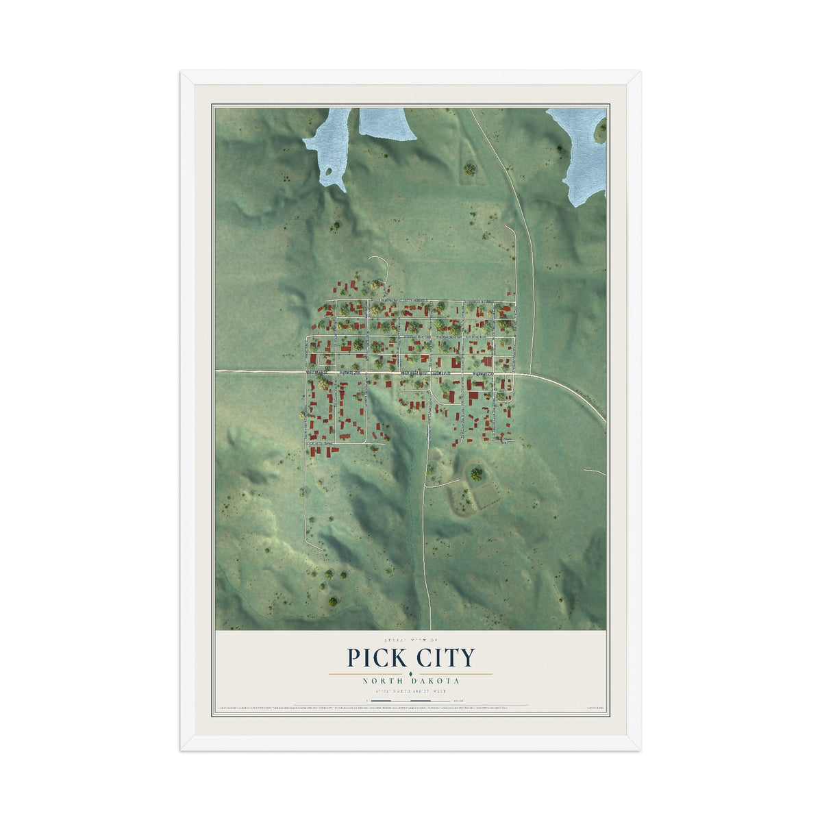 Map of Pick City, North Dakota, 12 x 18 inch print in a white wood frame