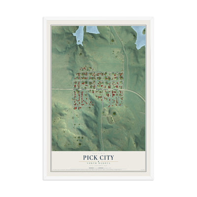 Map of Pick City, North Dakota, 12 x 18 inch print in a white wood frame