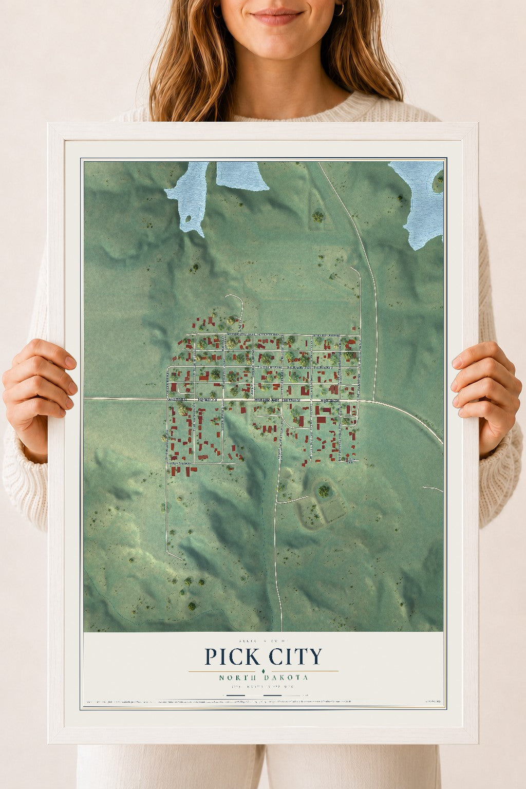 Map of Pick City, North Dakota, 18 x 24 inch print in a white wood frame