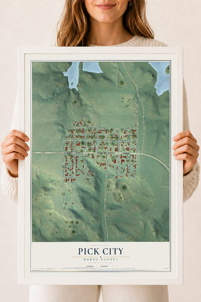 Map of Pick City, North Dakota, 18 x 24 inch print in a white wood frame