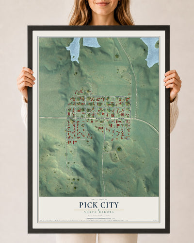 Map of Pick City, North Dakota, 24 x 36 inch print in a black wood frame