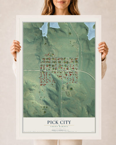 Map of Pick City, North Dakota, 24 x 36 inch print in a white wood frame