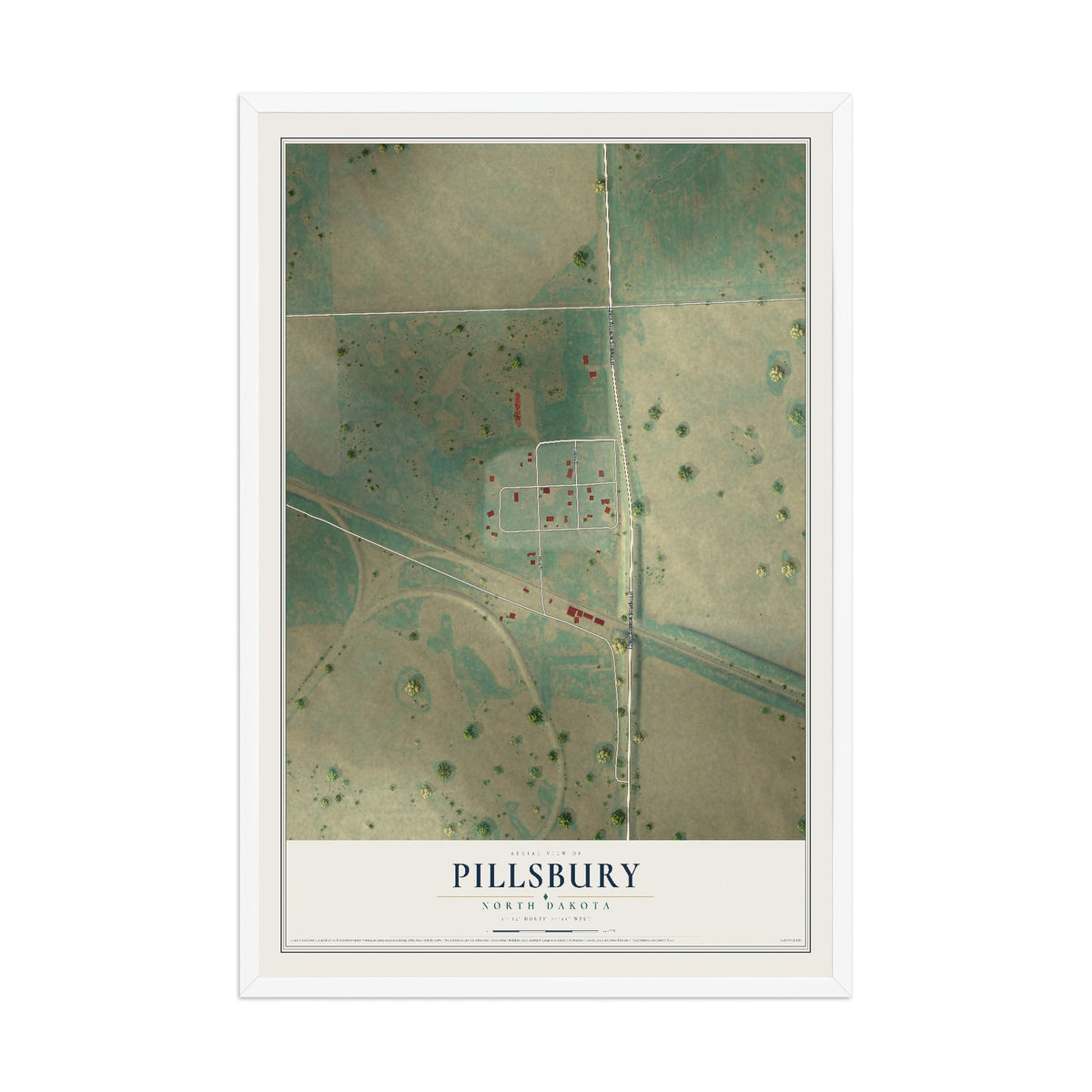 Map of Pillsbury, North Dakota, 12 x 18 inch print in a white wood frame