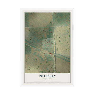 Map of Pillsbury, North Dakota, 12 x 18 inch print in a white wood frame