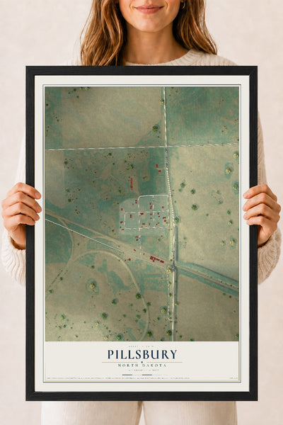 Map of Pillsbury, North Dakota, 18 x 24 inch print in a black wood frame