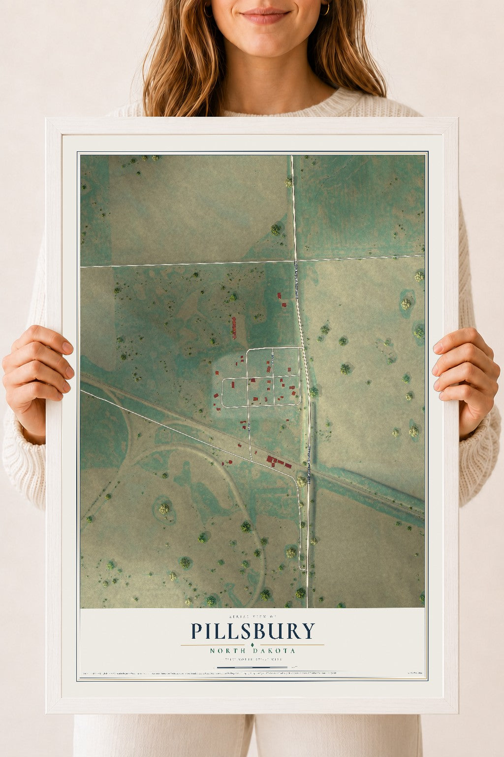 Map of Pillsbury, North Dakota, 18 x 24 inch print in a white wood frame