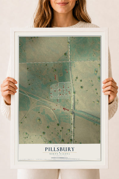 Map of Pillsbury, North Dakota, 18 x 24 inch print in a white wood frame
