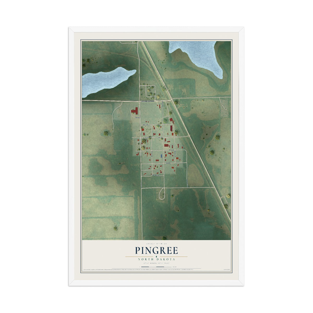 Map of Pingree, North Dakota, 12 x 18 inch print in a white wood frame