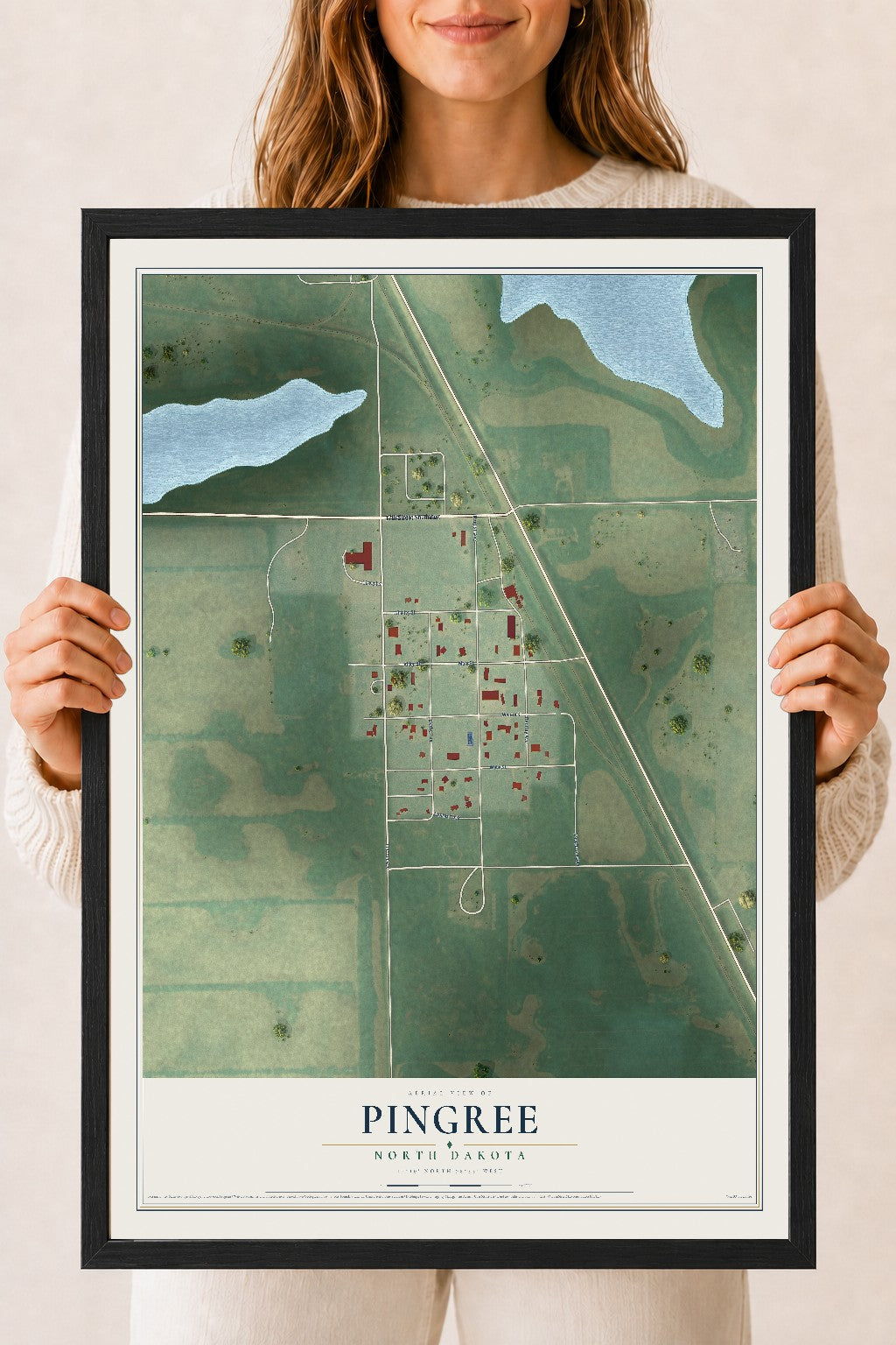 Map of Pingree, North Dakota, 18 x 24 inch print in a black wood frame