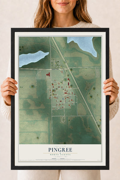 Map of Pingree, North Dakota, 18 x 24 inch print in a black wood frame