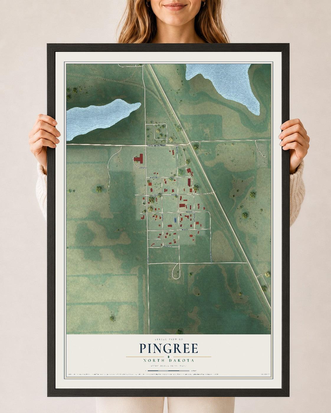 Map of Pingree, North Dakota, 24 x 36 inch print in a black wood frame