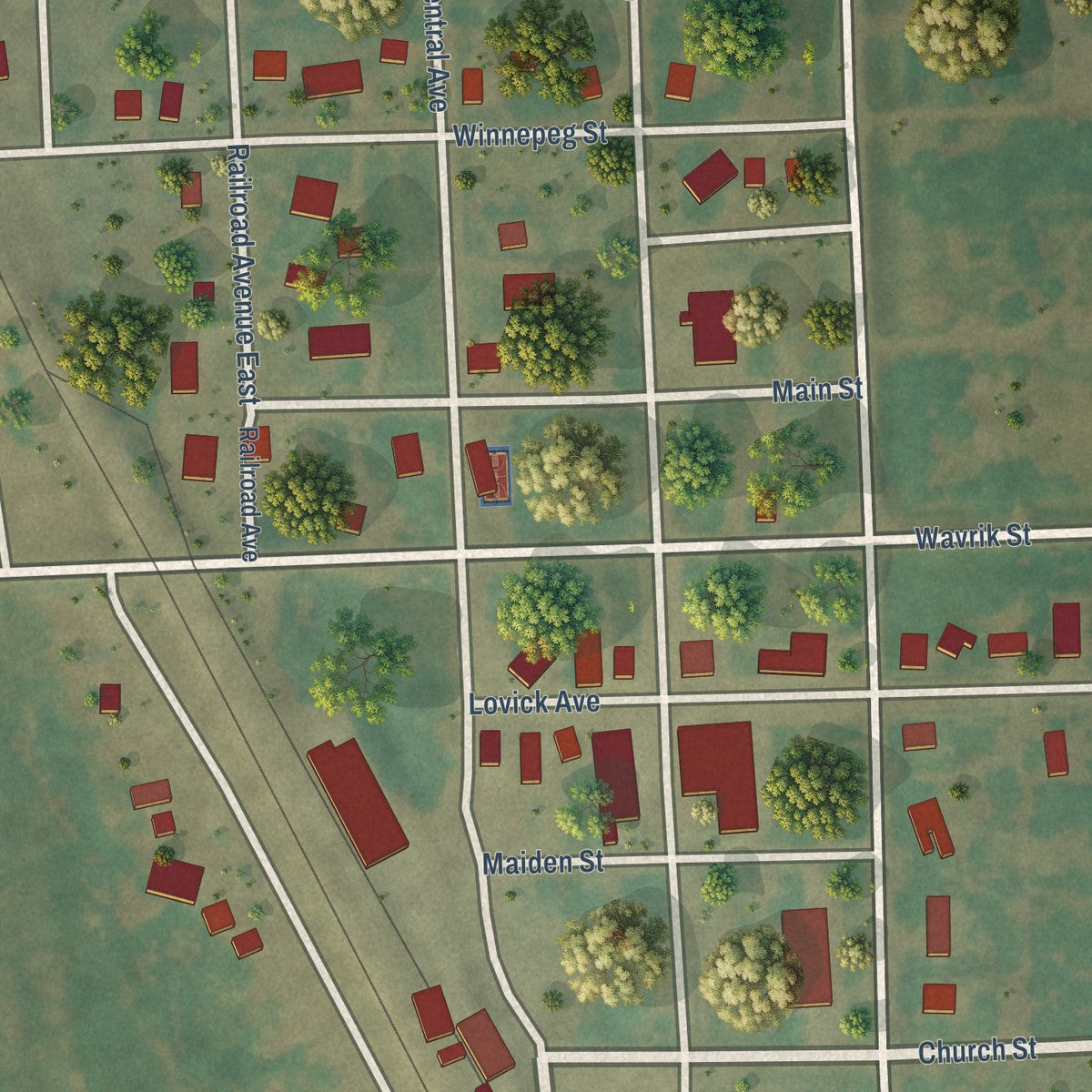 Close-up of the map of Pisek, North Dakota print showing street and building detail