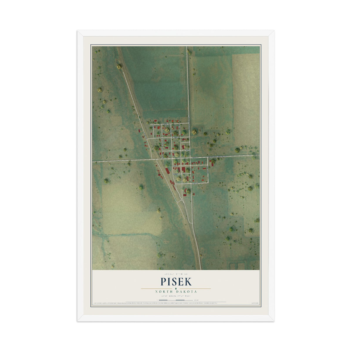 Map of Pisek, North Dakota, 12 x 18 inch print in a white wood frame