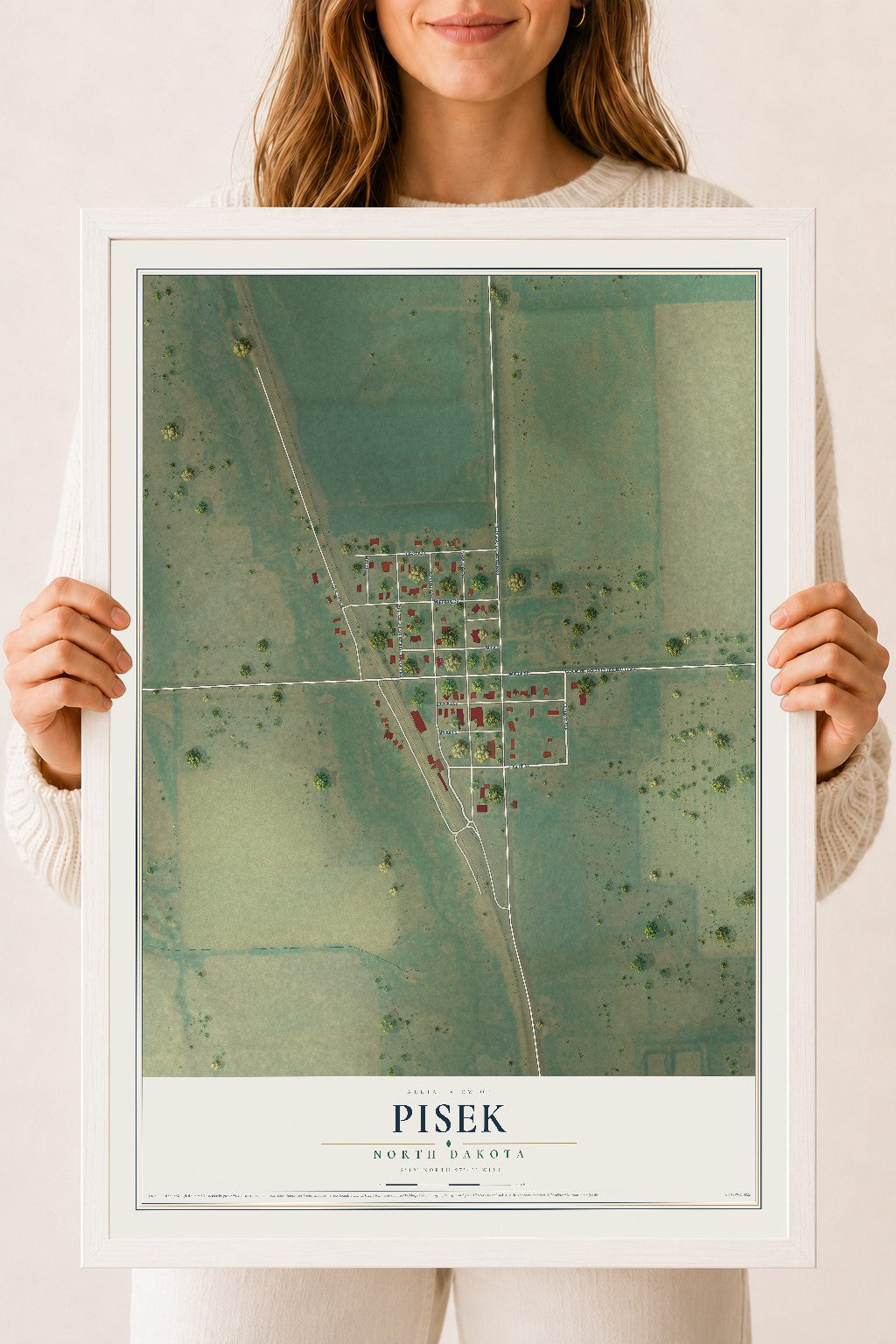 Map of Pisek, North Dakota, 18 x 24 inch print in a white wood frame