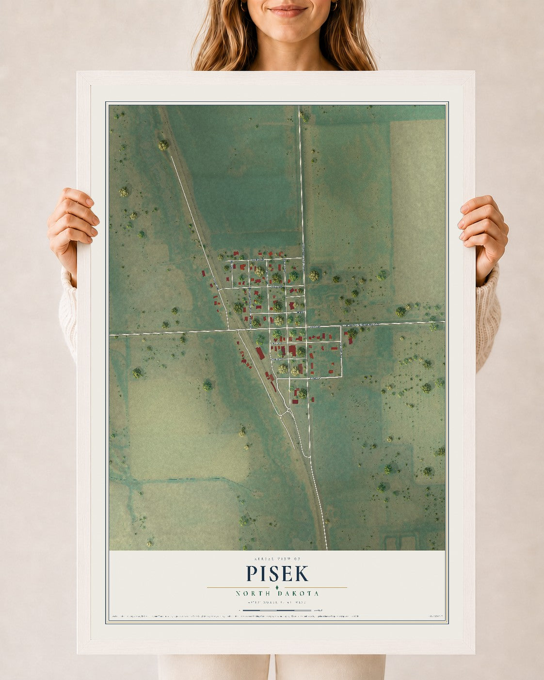 Map of Pisek, North Dakota, 24 x 36 inch print in a white wood frame