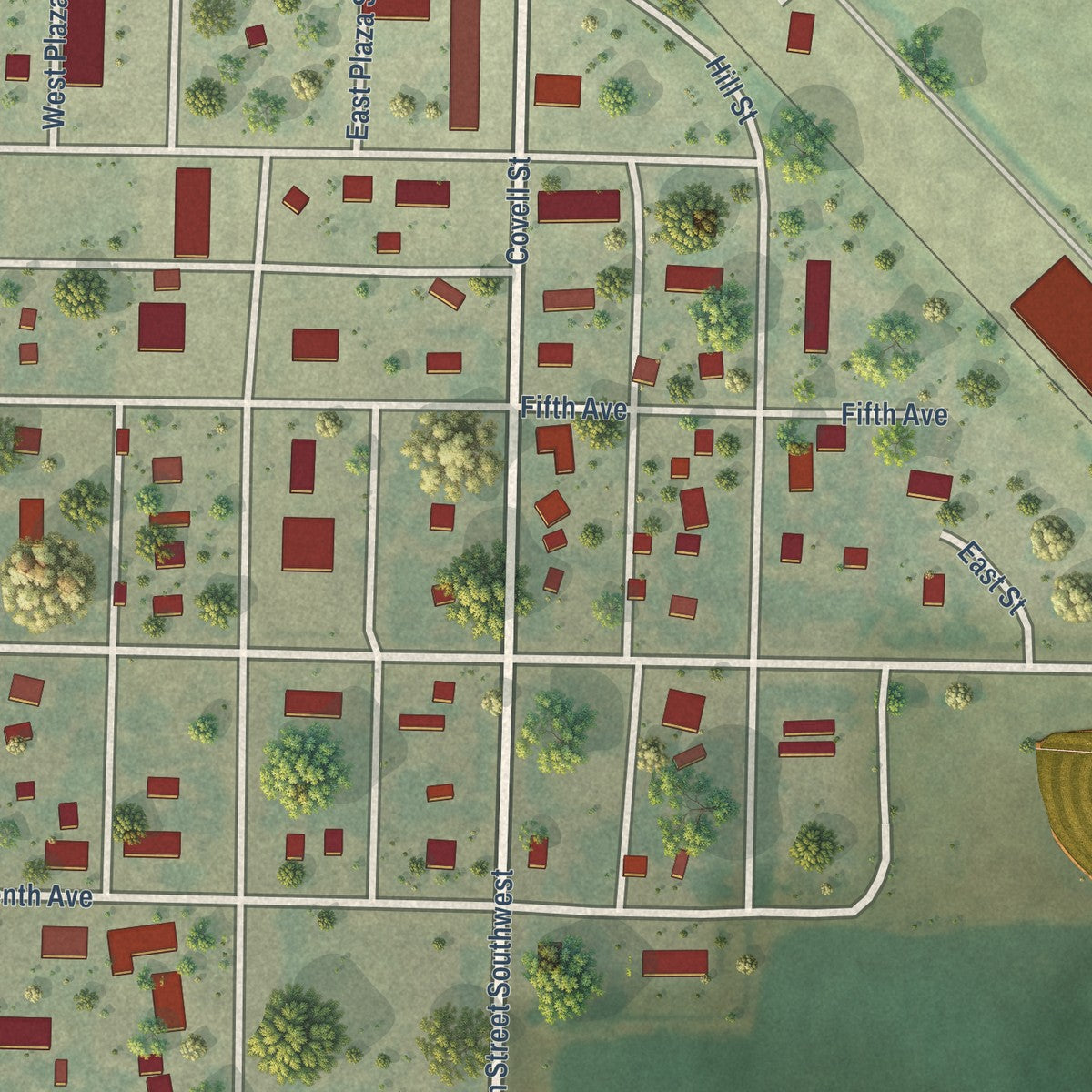 Close-up of the map of Plaza, North Dakota print showing street and building detail
