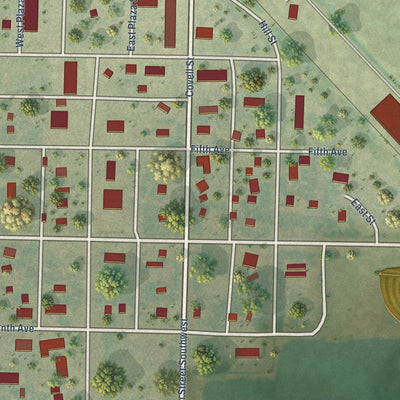 Close-up of the map of Plaza, North Dakota print showing street and building detail