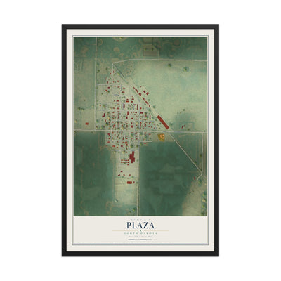 Map of Plaza, North Dakota, 12 x 18 inch print in a black wood frame