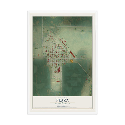 Map of Plaza, North Dakota, 12 x 18 inch print in a white wood frame