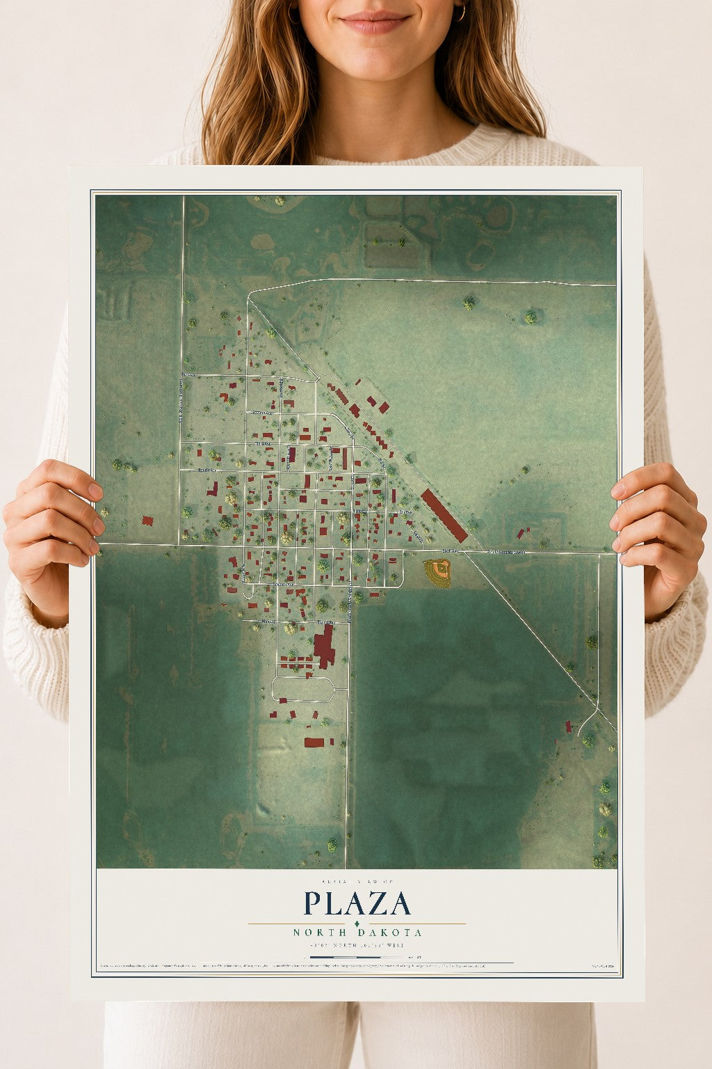 Map of Plaza, North Dakota, 18 x 24 inch unframed archival matte print