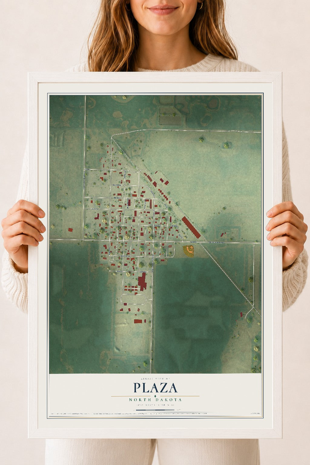 Map of Plaza, North Dakota, 18 x 24 inch print in a white wood frame