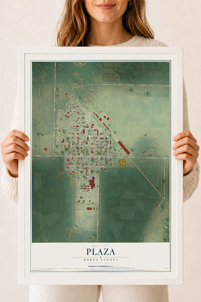 Map of Plaza, North Dakota, 18 x 24 inch print in a white wood frame