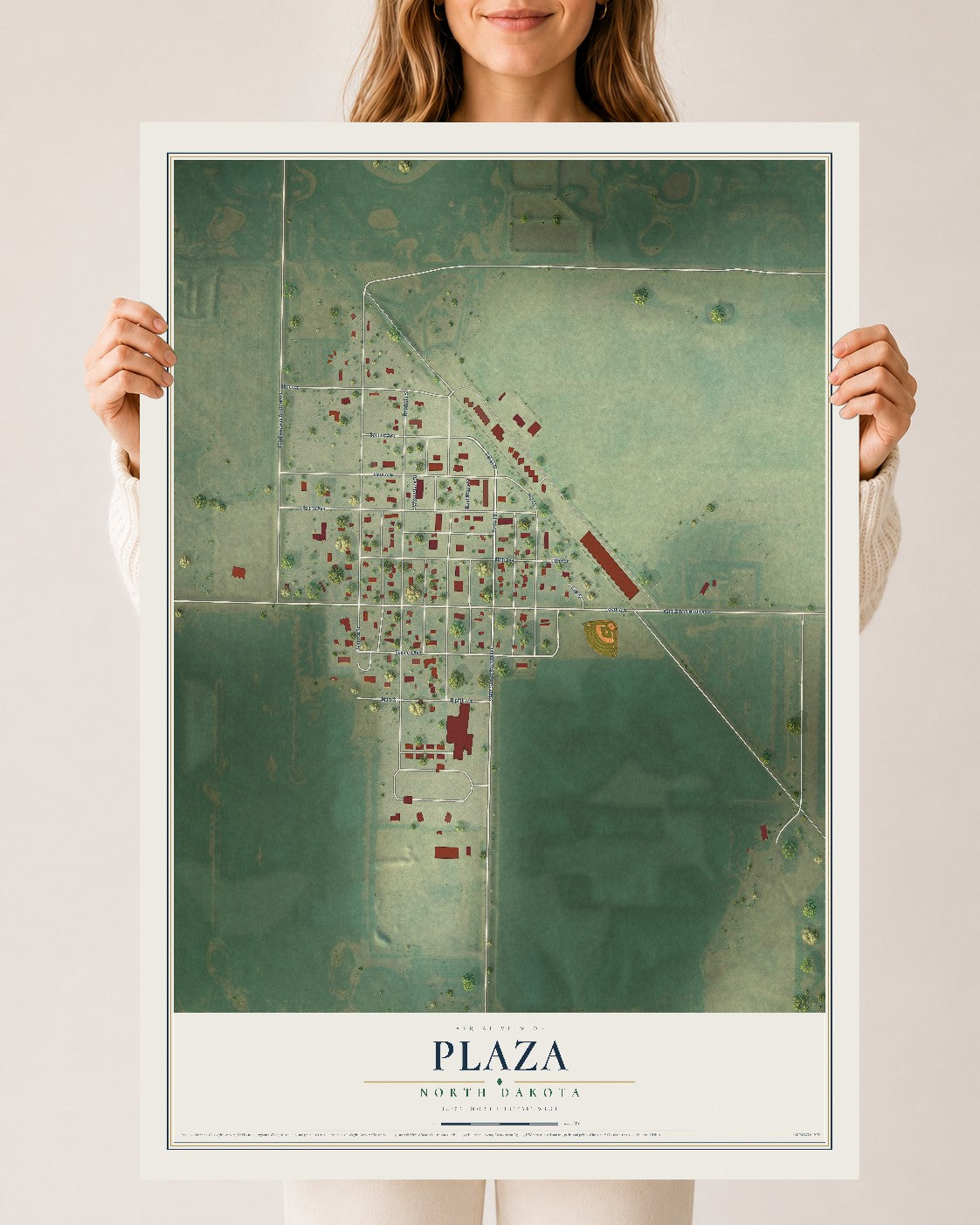 Map of Plaza, North Dakota, 24 x 36 inch unframed archival matte print