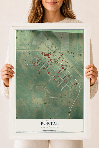 Map of Portal, North Dakota, 18 x 24 inch print in a white wood frame