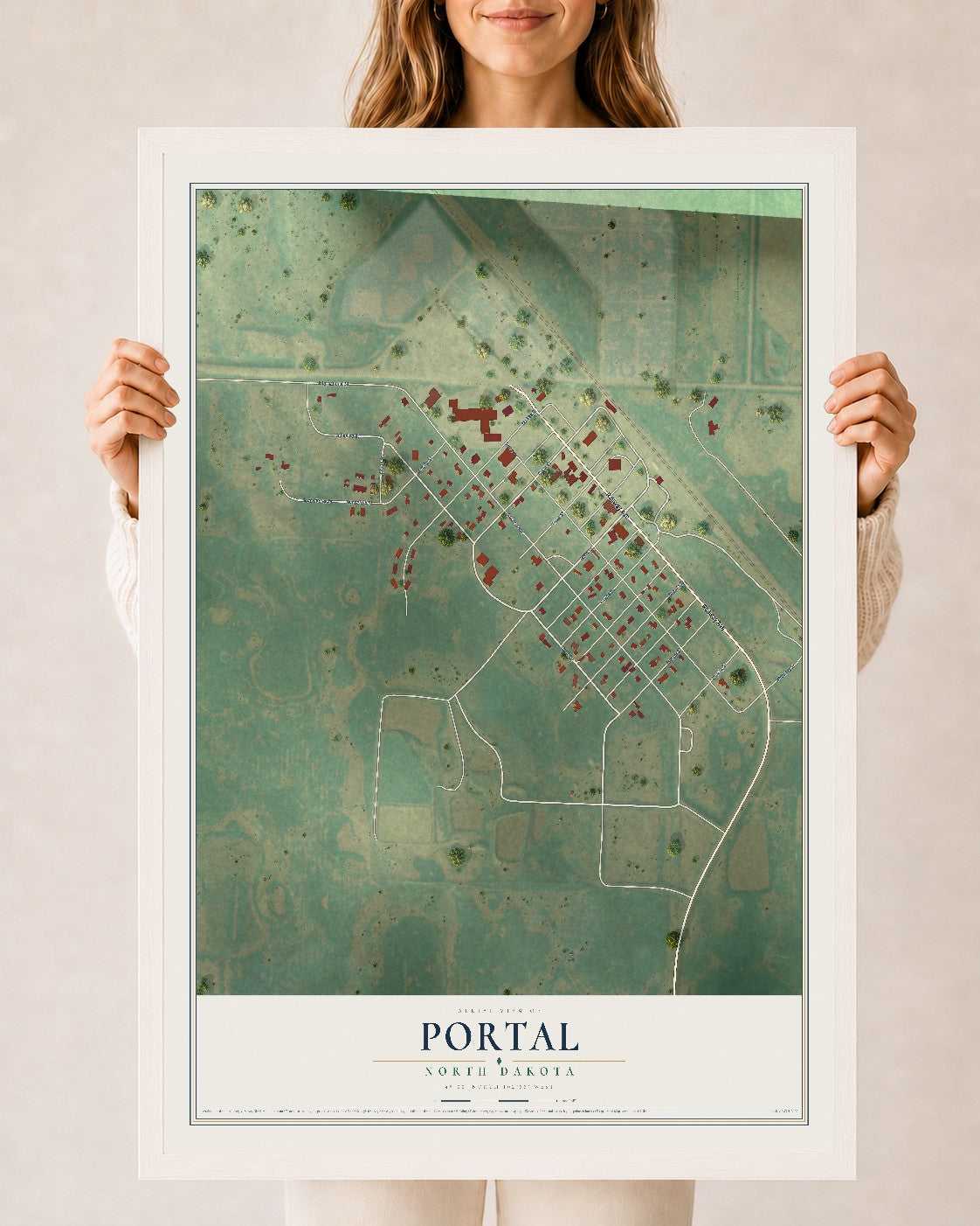 Map of Portal, North Dakota, 24 x 36 inch print in a white wood frame