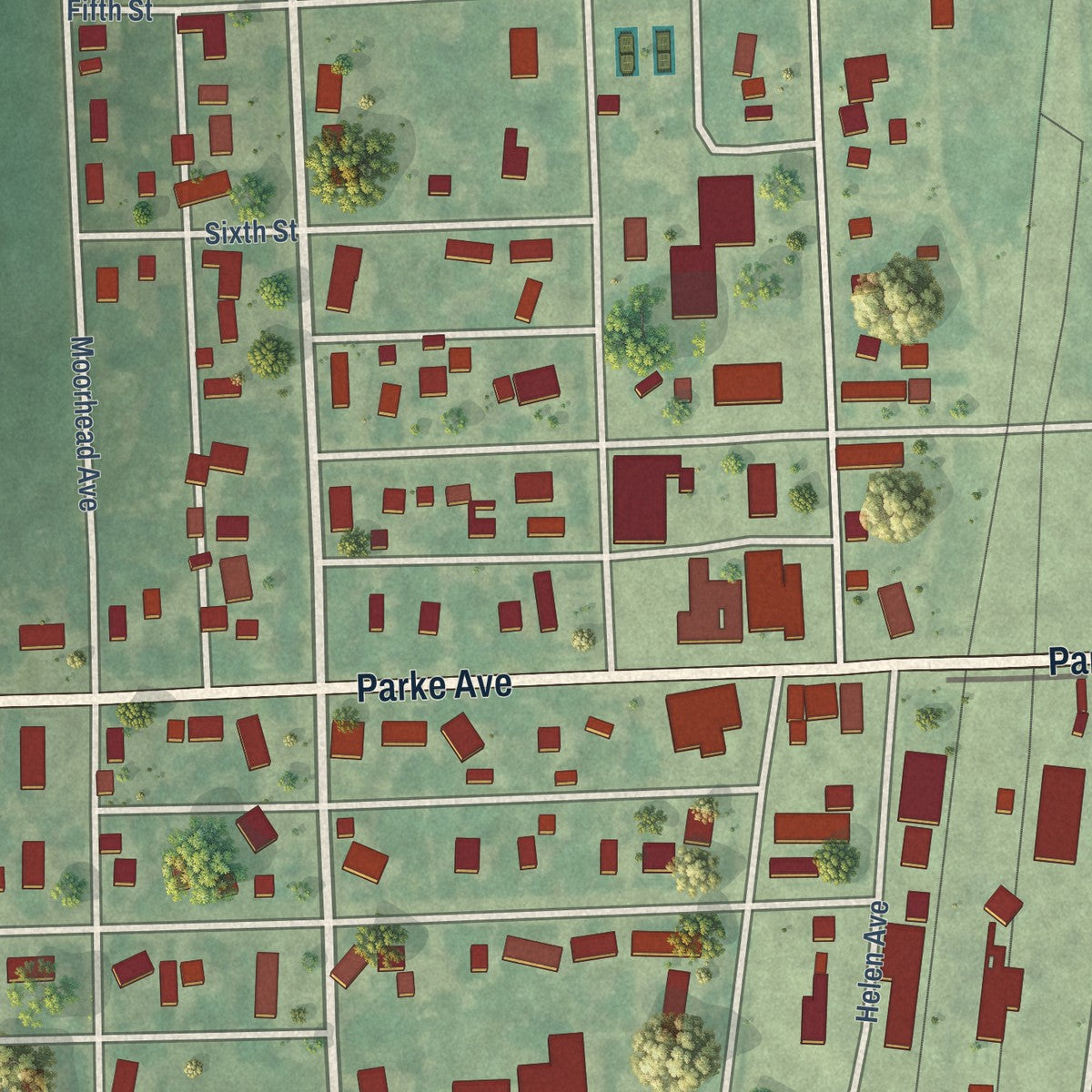 Close-up of the map of Portland, North Dakota print showing street and building detail