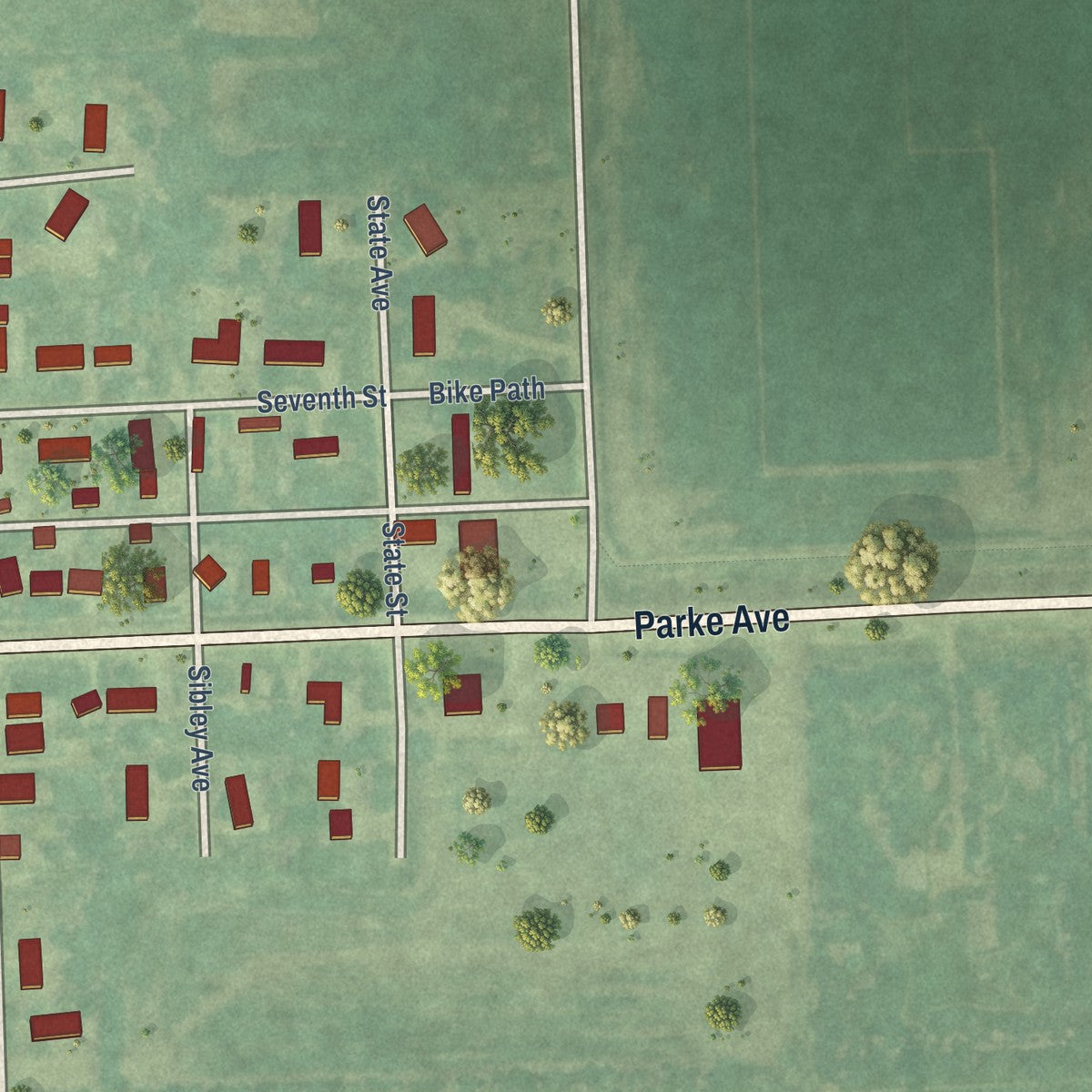 Second close-up of the map of Portland, North Dakota print showing more streets and buildings
