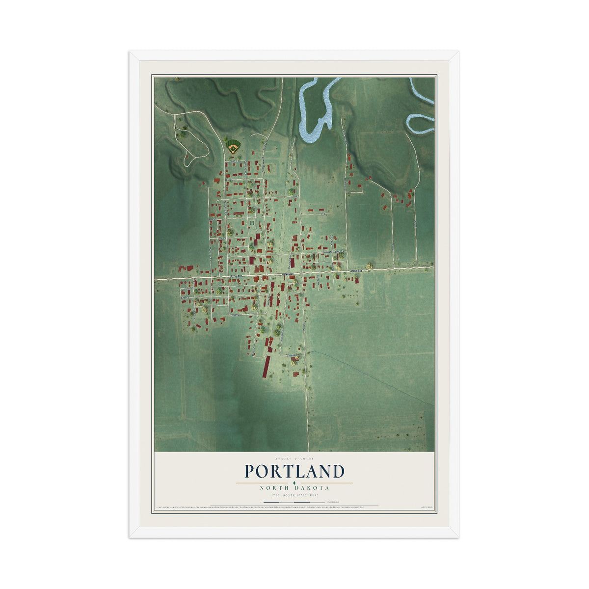 Map of Portland, North Dakota, 12 x 18 inch print in a white wood frame