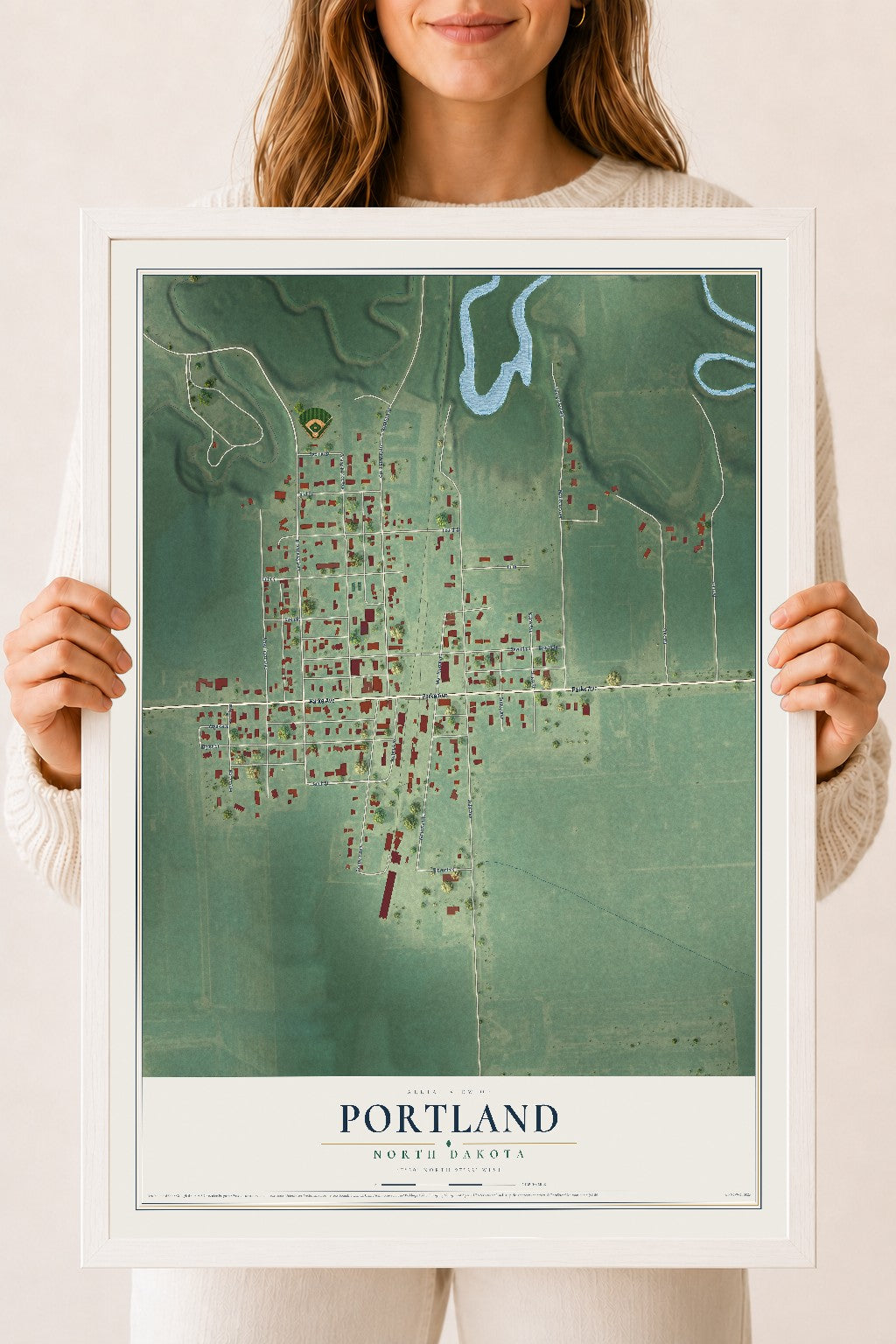 Map of Portland, North Dakota, 18 x 24 inch print in a white wood frame