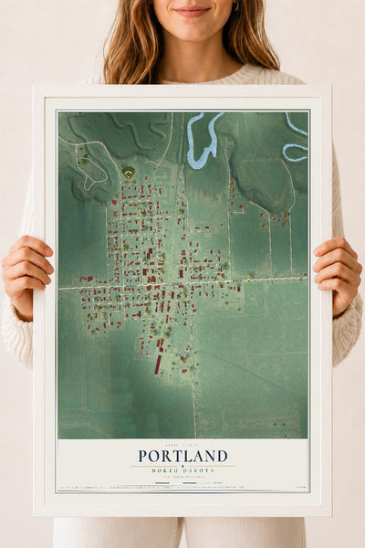 Map of Portland, North Dakota, 18 x 24 inch print in a white wood frame