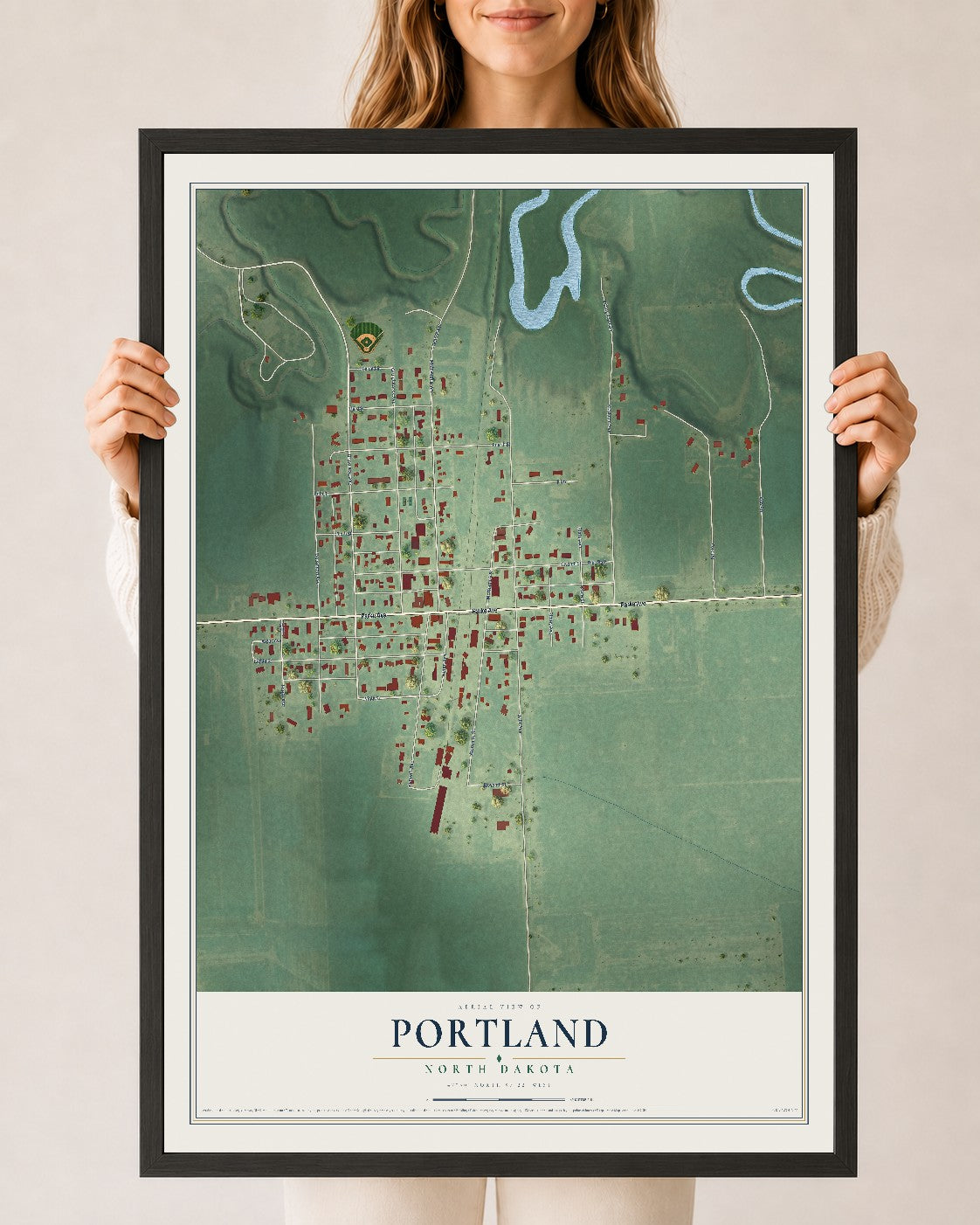 Map of Portland, North Dakota, 24 x 36 inch print in a black wood frame