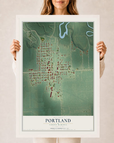 Map of Portland, North Dakota, 24 x 36 inch print in a white wood frame