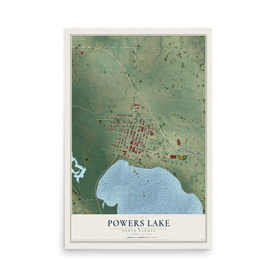 Map of Powers Lake, North Dakota, 12 x 18 inch unframed archival matte print