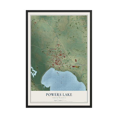 Map of Powers Lake, North Dakota, 12 x 18 inch print in a black wood frame