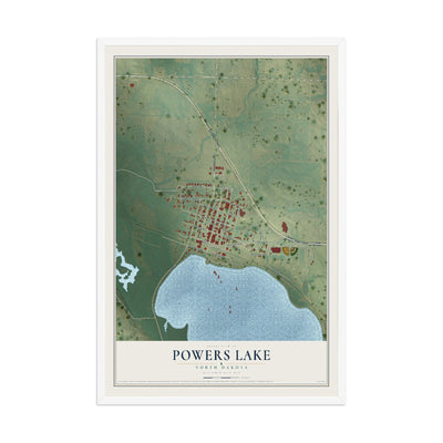 Map of Powers Lake, North Dakota, 12 x 18 inch print in a white wood frame